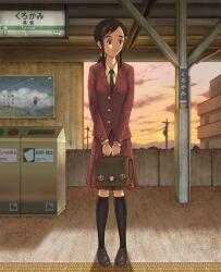  bad_id bad_pixiv_id bag bakumatsu_rouman black_hair blazer dusk hotaryuso jacket long_hair power_lines school_bag school_uniform snk solo tactile_paving takane_hibiki train_station translated trash_can waiting 