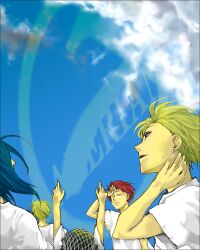  4boys birdman blonde_hair blue_hair cain closed_eyes cloud copyright_name female galerians lowres multiple_boys rainheart red_hair rion rion_(galerians) rita rita_(galerians) short_hair siblings sky twins 