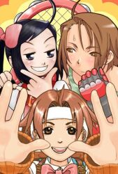  3girls brown_hair capcom justice_gakuen karuizawa_momo kazama_akira lowres multiple_girls rival_schools short_hair tomboy wakaba_hinata 