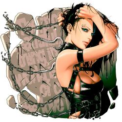  arms_up banned_artist black_hair blue_eyes breasts chains cleavage ear_piercing earrings english eyebrow_piercing fugi_jis jewelry lowres medium_breasts original piercing solo 