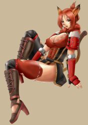  animal_ears armor breasts cat_ears cat_girl cat_tail cleavage covered_nipples female final_fantasy final_fantasy_xi fingerless_gloves gloves high_heels large_breasts legs mithra_(ff11) nanaa_mihgo red_hair shoes solo tail thighhighs thighs toguchi_masaya 