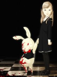  banned_artist blood bunny checkered checkered_floor dress fugi_jis holding_hands horror_(theme) lolicon original pantyhose stuffed_animal stuffed_bunny stuffed_toy vest 