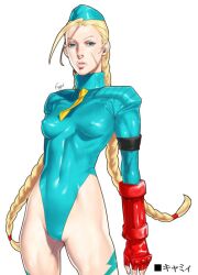  banned_artist blonde_hair blue_eyes blue_leotard braid cammy_white fingerless_gloves fugi_jis garrison_cap gloves hat leotard long_hair solo street_fighter twin_braids 