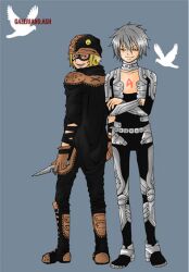  armor ash ash_(galerians) bird blonde_hair body_markings boots cape dove fangs galerians galerians:_ash grey_background hat knife looking_at_viewer looking_back monogoggle parano parano_(galerians) silver_hair simple_background smile smiley_face video_game yellow_eyes 