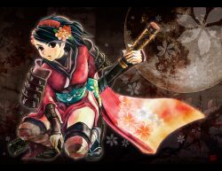  armor artist_request black_hair brown_eyes comb floral_print flower gauntlets hair_flower hair_ornament japanese_clothes katana kimono kneeling momohime moon oboro_muramasa ponytail sandals sheath sheathed short_kimono solo sword thighhighs weapon 