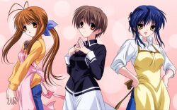  apron artist_request blue_hair brown_eyes brown_hair clannad furukawa_sanae ibuki_kouko long_hair looking_at_viewer multiple_girls oerba_yun_fang sagara_misae shirt short_hair sleeves_rolled_up sweater white_shirt yellow_eyes 