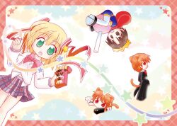  2girls animal_ears aqua_eyes artist_request blonde_hair bow brown_eyes brown_hair candy cat_ears chibi cloud colored_pencil food kamikita_komari little_busters! lollipop multiple_boys multiple_girls naoe_riki natsume_kyousuke natsume_rin orange_hair pencil pink_bow pocky red_eyes ribbon school_uniform sky star wooden_pencil 