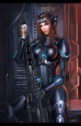  alcohol armor banned_artist beer bodysuit brown_hair goggles green_eyes gun head_mounted_display headset nuclear_weapon paul_kwon radiation_symbol rifle sarah_kerrigan sniper_rifle solo starcraft terran terran_ghost weapon 