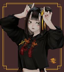  black_hair black_hoodie double_bun drawstring eveyeil eyes_visible_through_hair fangs female fingernails green_eyes hair_bun hair_ribbon highres hood hoodie horns horns_pose looking_to_the_side medium_hair oni_horns original red_nails ribbon solo tassel upper_body yellow_ribbon 