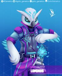  2019 absurd_res anthro avian beak bird black_sclera blue_eyes clothed clothing digital_media_(artwork) epic_games feathers fortnite fur gatogenerico hi_res lamp lantern luminos male owl solo white_body white_fur 