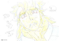  1boy artist_request close-up color_trace colored_skin commentary_request crying gundam gundam_build_divers gundam_build_divers_re:rise headband looking_down male_focus medium_hair official_art production_art second-party_source solo teeth torimachi_kazami traditional_media translation_request white_background yellow_skin 