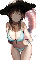  araido_kagiri bikini blue_bikini breasts brown_eyes brown_hair character_request cleavage commentary copyright_request cowboy_shot female front-tie_top halterneck hat highres innertube large_breasts leaning_forward long_hair looking_at_viewer simple_background solo straw_hat sun_hat swim_ring swimsuit thigh_gap white_background 