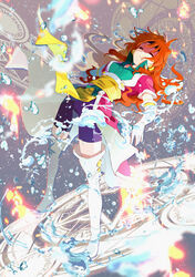  absurdres bike_shorts black_hairband black_headband boots breasts closed_eyes earrings elbow_gloves female fire gloves green_shirt hairband headband highres ichi_orgin jacket jewelry leaning_back lina_inverse long_hair magic_circle medium_breasts orange_hair pink_jacket purple_shorts sash shirt shorts slayers solo thigh_boots water white_footwear white_gloves yellow_sash 