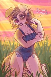  2019 absurd_res alternate_version_at_source anthro breasts brown_hair canid canine canis clothed clothing dialogue digital_media_(artwork) dimmi_(character) dimwitdog domestic_dog english_text female fur green_eyes hair hi_res mammal outside overalls solo standing text 