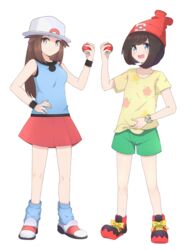  2girls :d beanie black_wristband blue_legwear blue_shirt blush brown_eyes brown_hair bucket_hat commentary eyelashes floral_print full_body green_shorts hair_flaps hand_on_own_hip hat highres holding holding_poke_ball leaf_(pokemon) long_hair loose_socks multiple_girls open_mouth pleated_skirt poke_ball poke_ball_(basic) pokemon pokemon_frlg pokemon_sm preste red_headwear red_skirt selene_(pokemon) shirt shoes short_shorts short_sleeves shorts skirt sleeveless sleeveless_shirt smile sneakers socks standing symbol-only_commentary t-shirt teeth tied_shirt upper_teeth_only white_footwear white_headwear wristband 