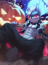  abs anthro athletic athletic_male band-aid bandage canid canine clothed clothing collar ear_piercing food fruit hald_(manadezimon) halloween hi_res holidays kemono male mammal manadezimon open_clothing open_topwear open_vest pecs piercing plant pumpkin scar solo spiked_collar spikes topwear vest 