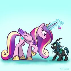  1:1 alicorn arthropod changeling duo equid equine feathered_wings feathers female friendship_is_magic glowing hasbro heart_symbol hi_res horn horseshoe insect_wings magic mammal my_little_pony mythological_creature mythological_equine mythology pfeffaroo princess_cadance_(mlp) queen_chrysalis_(mlp) size_difference wings young 