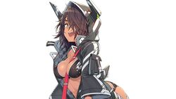  ayaki black_hair breasts cleavage close-up dark-skinned_female dark_skin female grey_eyes hair_over_one_eye hood hood_up horns jacket looking_down mechanical_horns medium_breasts one_eye_covered open_clothes open_jacket open_mouth original solo 