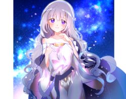  absurdres azusa_(azchemist63) bare_shoulders blush circlet deirdre_(fire_emblem) dress female fire_emblem fire_emblem:_genealogy_of_the_holy_war hair_between_eyes highres long_hair long_sleeves looking_at_viewer night night_sky purple_eyes purple_hair sky smile solo strapless strapless_dress very_long_hair wavy_hair wide_sleeves 