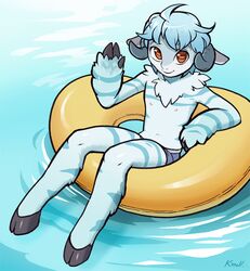  anthro bovid caprine clothed clothing femboy floating gesture hair hooves horn inflatable inner_tube kittellox_(artist) looking_aside looking_at_viewer male mammal navel nipples pool_toy sheep signature slim solo underwear water waving 