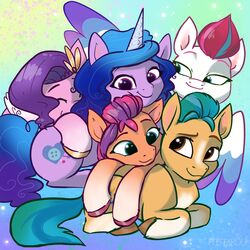  1:1 blaze_(marking) blue_eyes blue_hair brown_eyes closed_eyes cuddle_puddle earth_pony equid equine facial_markings female group hair hasbro head_markings hi_res hitch_trailblazer_(mlp) hooves horse izzy_moonbow_(mlp) leg_markings male mammal markings mlp_g5 my_little_pony mythological_creature mythological_equine mythology pegasus pfeffaroo pipp_petals_(mlp) pony purple_eyes purple_hair socks_(marking) sunny_starscout_(mlp) turquoise_hair wings zipp_storm_(mlp) 