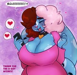  2019 5_fingers anthro big_breasts blush breasts cleavage closed_eyes clothed clothing dialogue female fingers front_view geeflakes geeflakes_(character) hair hair_over_eye heart_nose heart_symbol hi_res lagomorph leporid mammal markings mole_(marking) monster multicolored_hair one_eye_obstructed open_mouth open_smile pink_nose rabbit slightly_chubby smile solo two_tone_hair 