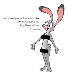  anthro bernie-buddy buckteeth censor_bar censored dialogue dipstick_ears disney ear_markings english_text female fur grey_body grey_fur hi_res judy_hopps lagomorph leporid mammal multicolored_ears nude open_mouth pink_nose purple_eyes rabbit scut_tail short_tail simple_background solo tail teeth text tongue white_background zootopia 