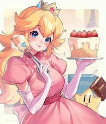  :p baking blonde_hair blue_eyes blush book breasts cake cookbook cooking crown detergent dress earrings elbow_gloves female food gem gloves highres holding holding_food holding_whisk icing jewelry large_breasts long_hair looking_at_viewer mario_(series) paper_mario paper_mario_64 pink_dress princess_peach puffy_short_sleeves puffy_sleeves short_sleeves shuri_(84k) smile soap strawberry_shortcake tongue tongue_out twink_(paper_mario) twitter_username whisk white_gloves 