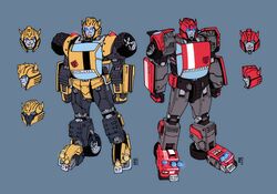  2boys absurdres autobot blue_background bumblebee_(transformers) character_name clenched_hands cliffjumper english_commentary glowing glowing_eyes highres horns i_heart... insignia lextodrawstuff multiple_boys multiple_views no_humans redesign standing transformers 