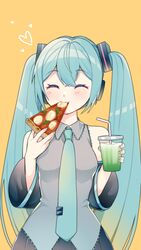  aqua_hair aqua_nails aqua_necktie bare_shoulders black_skirt black_sleeves closed_eyes cup detached_sleeves drink drinking_straw eating facing_viewer female food frilled_shirt frilled_shirt_collar frills grey_shirt hair_ornament hands_up hatsune_miku headphones heart highres holding holding_cup holding_food holding_pizza long_hair margherita_pizza masumofu miniskirt nail_polish necktie pizza pleated_skirt shirt skirt sleeveless sleeveless_shirt solo tie_clip twintails very_long_hair vocaloid yellow_background 