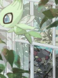  anzu_(01010611) blue_eyes blurry celebi closed_eyes closed_mouth day feline flying glameow glass highres leaf licking no_humans outdoors pokemon pokemon_(creature) tongue tongue_out window 