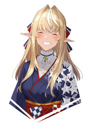  ^_^ blonde_hair blue_kimono blush bow closed_eyes commentary dark-skinned_female dark_skin dated_commentary elf female floral_print grin hair_intakes hairbow high_collar highres hololive japanese_clothes kimono large_bow long_hair multicolored_hair obi official_alternate_hairstyle photoshop_(medium) pointy_ears sash shiranui_flare shiranui_flare_(new_year) sidelocks simple_background smile solo streaked_hair tearing_up teeth upper_body virtual_youtuber white_background zjm530280188 