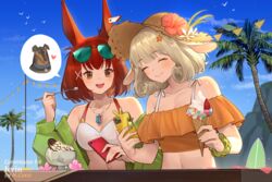  2girls :d ^_^ alternate_costume animal_ears annelie_(dragalia_lost) arknights bikini blue_sky blush breasts brown_bikini brown_hair brown_headwear cleavage closed_eyes closed_mouth cloud commentary commission crossover day dragalia_lost english_commentary flametail_(arknights) flower food fruit green_jacket hair_ornament hat hat_flower heart hentaki holding holding_food holding_phone ice_cream ice_cream_cone jacket medium_breasts multiple_girls navel off-shoulder_bikini off_shoulder open_clothes open_jacket outdoors palm_tree pennant phone rabbit_ears red_flower red_hair sky smile soft_serve spoken_animal spoken_heart straw_hat strawberry string_of_flags swimsuit tree upper_body white_bikini white_flower x_hair_ornament 