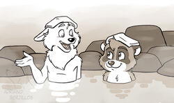  adriano_berjillos anthro bathing canid canine canis disney duo humanoid_hands male mammal michael_tanuyama officer_grizzoli raccoon_dog tanuki water wolf zootopia 