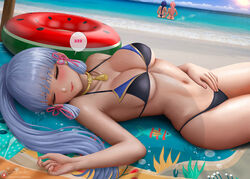  3girls alexander_dinh artist_name beach beach_towel bikini blue_hair blue_sky blush breasts cleavage closed_eyes closed_mouth cloud day food_print genshin_impact gold_choker innertube kamisato_ayaka korean_commentary light_blue_hair linea_alba lips lying medium_breasts mixed-language_commentary mole mole_under_eye multiple_girls navel ocean on_back outdoors patreon_username ponytail print_innertube raiden_shogun sand signature skindentation sky sleeping solo_focus speech_bubble stomach sunlight swim_ring swimsuit tassel_choker thighs thong thong_bikini towel watermelon_innertube watermelon_print web_address wet yae_miko zzz 