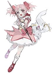  bow bow_(weapon) bubble_skirt budo_(budoboros) choker dress female frilled_dress frills gloves hair_between_eyes hair_ornament hair_ribbon highres kaname_madoka kaname_madoka_(magical_girl) kneehighs kyuubee looking_at_viewer magical_girl mahou_shoujo_madoka_magica mahou_shoujo_madoka_magica_(anime) neck_ribbon open_mouth pink_dress pink_eyes pink_hair puffy_short_sleeves puffy_sleeves ribbon ribbon_choker short_hair short_sleeves short_twintails skirt smile socks twintails weapon white_gloves 