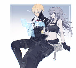  1boy bare_arms bare_shoulders black_gloves black_pants blonde_hair blue_eyes breasts can commandant_(punishing:_gray_raven) connie_(expuella) ear_piercing female finger_to_mouth gloves grey_eyes grey_hair headphones highres holding holding_can holographic_monitor lee:_hyperreal_(punishing:_gray_raven) lee_(punishing:_gray_raven) long_hair mao_(expuella) mechanical_arms midriff military military_uniform navel pants piercing punishing:_gray_raven short_hair sidelocks sitting small_breasts suspenders uniform 