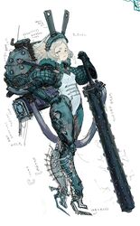  armor backpack bag blue_eyes club_(weapon) female highres holding holding_weapon looking_down mecha_musume mechanical_ears mechanical_legs original short_hair solo tyawantyawan356 weapon white_hair 