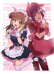  2022 2girls akiba_maid_sensou animal_ears apron bandaid bandaid_on_face black_hair blood blood_stain bow bowtie brown_hair dated ethusa fake_animal_ears frills high_heels highres maid maid_apron maid_headdress mannen_ranko microphone multiple_girls open_mouth pig_ears pink_bow pink_bowtie puffy_short_sleeves puffy_sleeves short_sleeves smile sparkle standing standing_on_one_leg thighhighs two_side_up wahira_nagomi white_thighhighs wrist_cuffs yellow_eyes zettai_ryouiki 