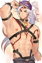  1boy abs alternate_pectoral_size arataki_itto armpit_hair armpits bara bare_pectorals bicep_strap body_markings chest_harness closed_mouth collar genshin_impact harness hat highres horns horns_through_headwear inverted_nipples jewelry long_hair male_focus muscular muscular_male nipples no_male_underwear oerba_yun_fang oni open_fly pectorals red_eyes simple_background solo spiked_collar spikes tattoo white_hair zhineart 