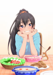  black_hair blue_eyes blue_shirt blurry blurry_foreground blush breasts cleavage female food ganaha_hibiki grin hair_between_eyes hamuzou head_rest high_ponytail holding holding_spoon idolmaster idolmaster_(classic) james_(jms-pnt) jewelry long_hair looking_at_viewer medium_breasts ring shirt simple_background sitting smile solo spoon very_long_hair white_background 