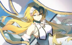  absurdres banner bare_shoulders blonde_hair blue_eyes breast_curtains breasts chains closed_mouth fate/grand_order fate_(series) female fur_trim headpiece highres idass_(idass16) jeanne_d&#039;arc_(fate) large_breasts long_hair looking_at_viewer sideboob smile solo upper_body very_long_hair 