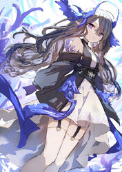  arknights bare_shoulders black_dress black_jacket brown_hair closed_mouth coral dress expressionless feet_out_of_frame female garter_straps gloves hair_ornament highmore_(arknights) highres jacket k_futoshi_0n0 long_hair long_sleeves looking_at_viewer open_clothes open_jacket pointy_ears purple_eyes purple_gloves solo standing thighhighs two-tone_dress very_long_hair white_dress white_thighhighs zettai_ryouiki 