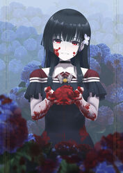  absurdres black_choker black_dress black_hair blood blood_on_face blue_flower choker collarbone dress female flower greyfish13 grin hair_ornament head_tilt heart_(organ) highres holding holding_heart_(organ) hydrangea long_hair looking_at_viewer outdoors rain red_eyes sanka_rea sankarea short_sleeves smile solo 