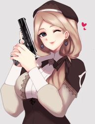  ;) after_war_gundam_x bad_id bad_twitter_id bambi_(cozybambii) blonde_hair blue_eyes breasts earrings female fire_emblem fire_emblem:_three_houses grey_background gun gundam handgun heart highres holding holding_gun holding_weapon i&#039;m_a_healer_but..._(meme) jewelry long_hair long_sleeves m1911 meme mercedes_von_martritz one_eye_closed side_ponytail simple_background smile solo upper_body weapon 