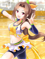  :d aino_nagisa arm_warmers armpits bare_shoulders basketball_court basketball_hoop basketball_uniform bike_shorts bow breasts brown_hair cleavage collarbone collared_shirt commentary_request cowboy_shot crop_top eva_16-gouki female front-tie_top hair_ornament hair_ribbon hands_up highres idolmaster idolmaster_cinderella_girls indoors jewelry lights long_hair looking_at_viewer medium_breasts midriff navel necklace open_mouth outstretched_arm parted_bangs photoshop_(medium) ponytail purple_eyes ribbon shirt shorts shorts_under_skirt sidelocks sleeveless sleeveless_shirt smile solo sportswear standing stomach tied_shirt undershirt waist_bow white_shirt 