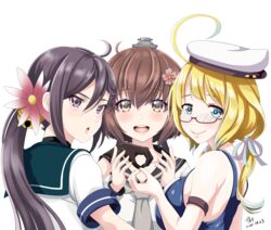  3girls ahoge akebono_(kancolle) bell black_sailor_collar blonde_hair blue_sailor_collar breasts brown_eyes brown_hair cherry_blossoms choker commentary_request dress flower glasses green_eyes grey_eyes grey_hair grey_neckwear hair_bell hair_flower hair_ornament hat headgear highres i-8_(kancolle) jingle_bell kantai_collection large_breasts long_hair looking_at_viewer low_twintails multiple_girls neckerchief peaked_cap red-framed_eyewear remodel_(kantai_collection) sailor_collar sailor_dress sailor_hat school_swimsuit school_uniform semi-rimless_eyewear serafuku short_hair short_sleeves side_ponytail simple_background smile swimsuit tk8d32 twintails under-rim_eyewear upper_body very_long_hair white_background yukikaze_(kancolle) 