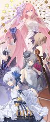  5girls :d artist_name backless_dress backless_outfit bare_shoulders black_bow black_dress blue_dress blue_hair bow breasts brown_hair cello closed_eyes closed_mouth copyright_name dress earrings elbow_gloves elf elysia_(herrscher_of_human:_ego)_(honkai_impact) elysia_(honkai_impact) flower formal fu_hua gloves grey_dress grey_flower grey_hair hair_between_eyes hair_bun hair_flower hair_ornament hairbow highres holding holding_instrument holding_saxophone honkai_(series) honkai_impact_3rd instrument jewelry long_hair looking_at_viewer looking_back multiple_girls open_mouth pink_background pink_eyes pink_hair pointy_ears ponytail purple_eyes purple_flower purple_rose rita_rossweisse rose saxophone short_hair simple_background single_earring single_hair_bun sleeveless sleeveless_dress small_breasts smile sougishi_ego star_(symbol) strapless strapless_dress theresa_apocalypse tree_print trumpet white_dress white_flower white_gloves white_hair yae_sakura yae_sakura_(goushinnso_memento) 