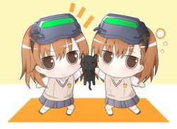  2girls absurdres animal black_cat brown_eyes brown_hair brown_sweater_vest chibi clone commentary_request dress_shirt emblem feline full_body grey_skirt head-mounted_display highres holding holding_animal holding_cat kyabetsu_ningen looking_at_viewer medium_hair misaka_imouto misaka_imouto_10032&#039;s_cat multiple_girls pleated_skirt school_emblem school_uniform shirt siblings sisters skirt standing summer_uniform sweater_vest toaru_kagaku_no_railgun toaru_kagaku_no_railgun_t toaru_majutsu_no_index tokiwadai_school_uniform white_shirt 