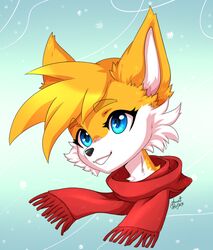  2019 annetpeas blue_eyes bust_portrait canid canine clothing eyelashes fox fur hair male mammal portrait red_clothing scarf sega simple_background smile solo sonic_the_hedgehog_(series) tails teeth white_body white_fur yellow_body yellow_fur 